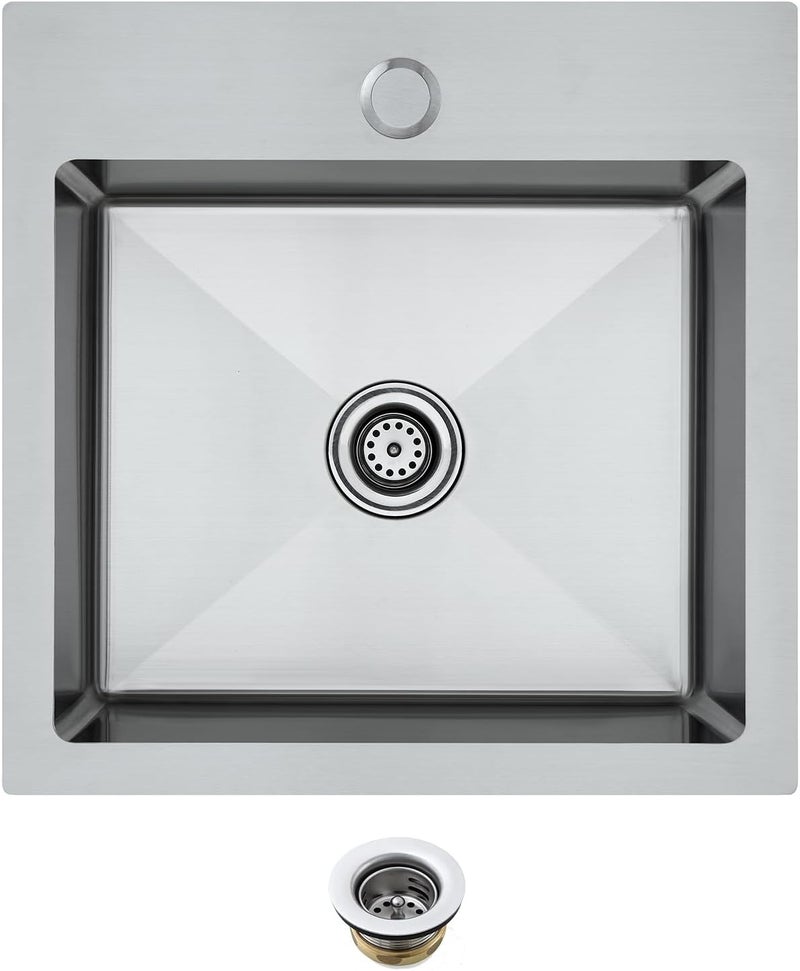 MENATT 15x15 inch Drop-in Bar Sink with 1 Faucet Hole, T-304 Stainless Steel Handmade Single Bowl Kitchen Rv Sink with 2" Drain Hole, Brushed - Image 1